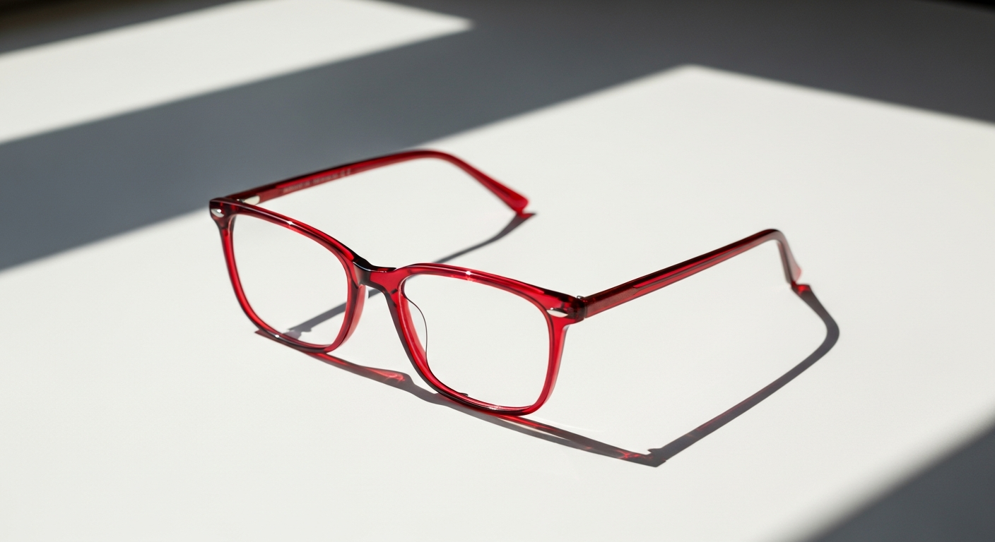 Stylish square transparent red eyeglasses displayed on a neutral background showcasing the trendy frame design