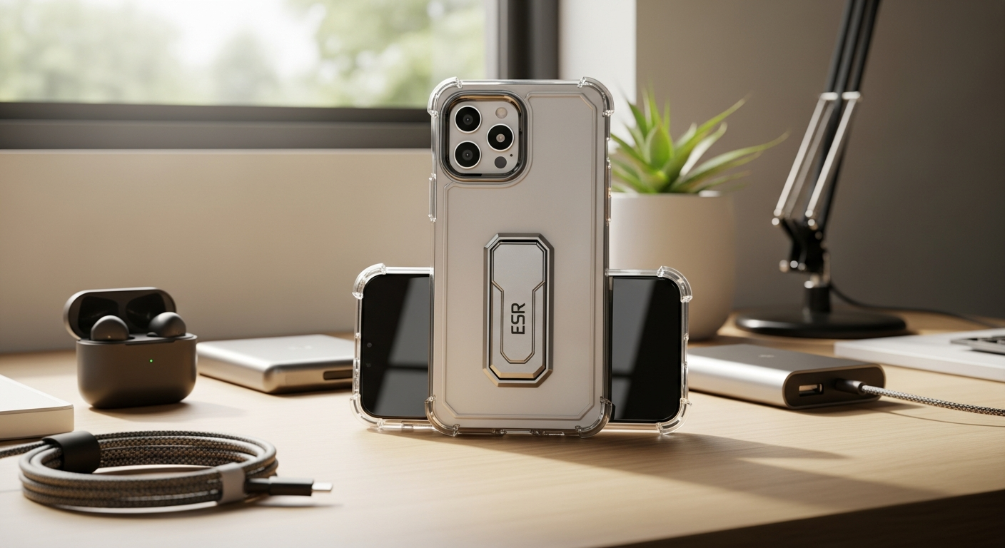 ESR Classic Hybrid Case with Stash Stand displayed on iPhone showing clear back design and integrated kickstand feature