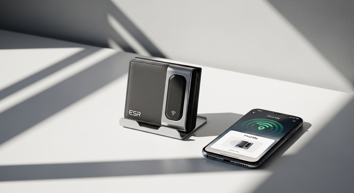 ESR HaloLock Geo Wallet Stand with Find My tracking technology and MagSafe attachment on iPhone