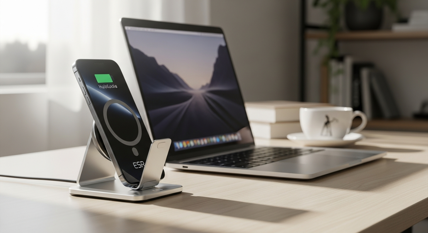 ESR HaloLock Kickstand Wireless Charger with integrated kickstand positioned on a modern desk workspace