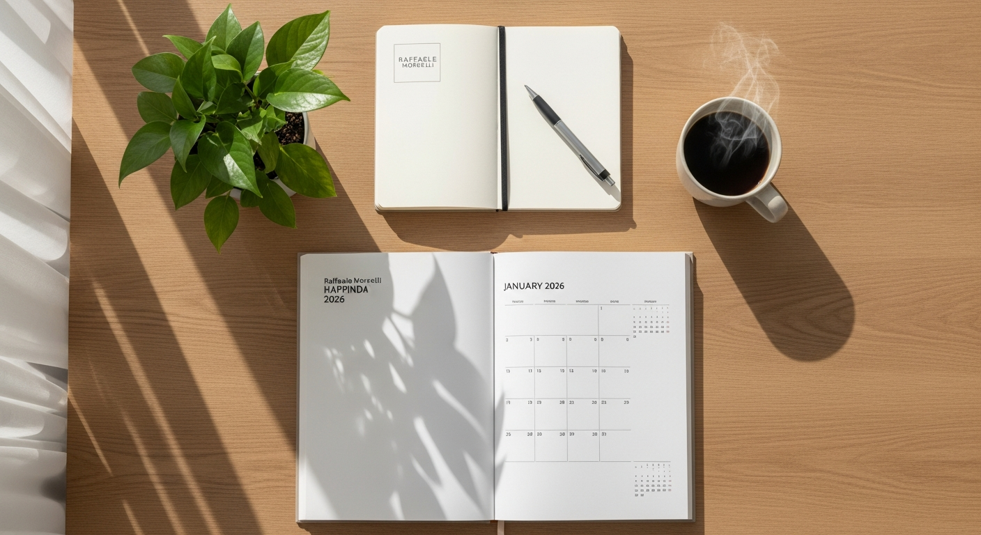 Raffaele Morelli Happiness Agenda 2026 hardback cover with refined design and bookmark ribbon for daily wellness planning