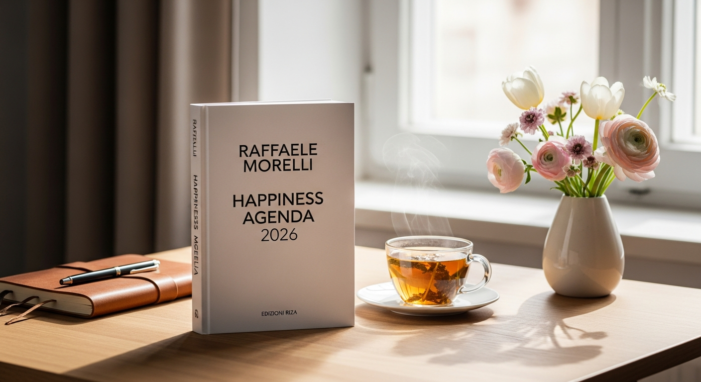 Raffaele Morelli Happiness Agenda 2026 hardcover planner with bookmark ribbon on desk