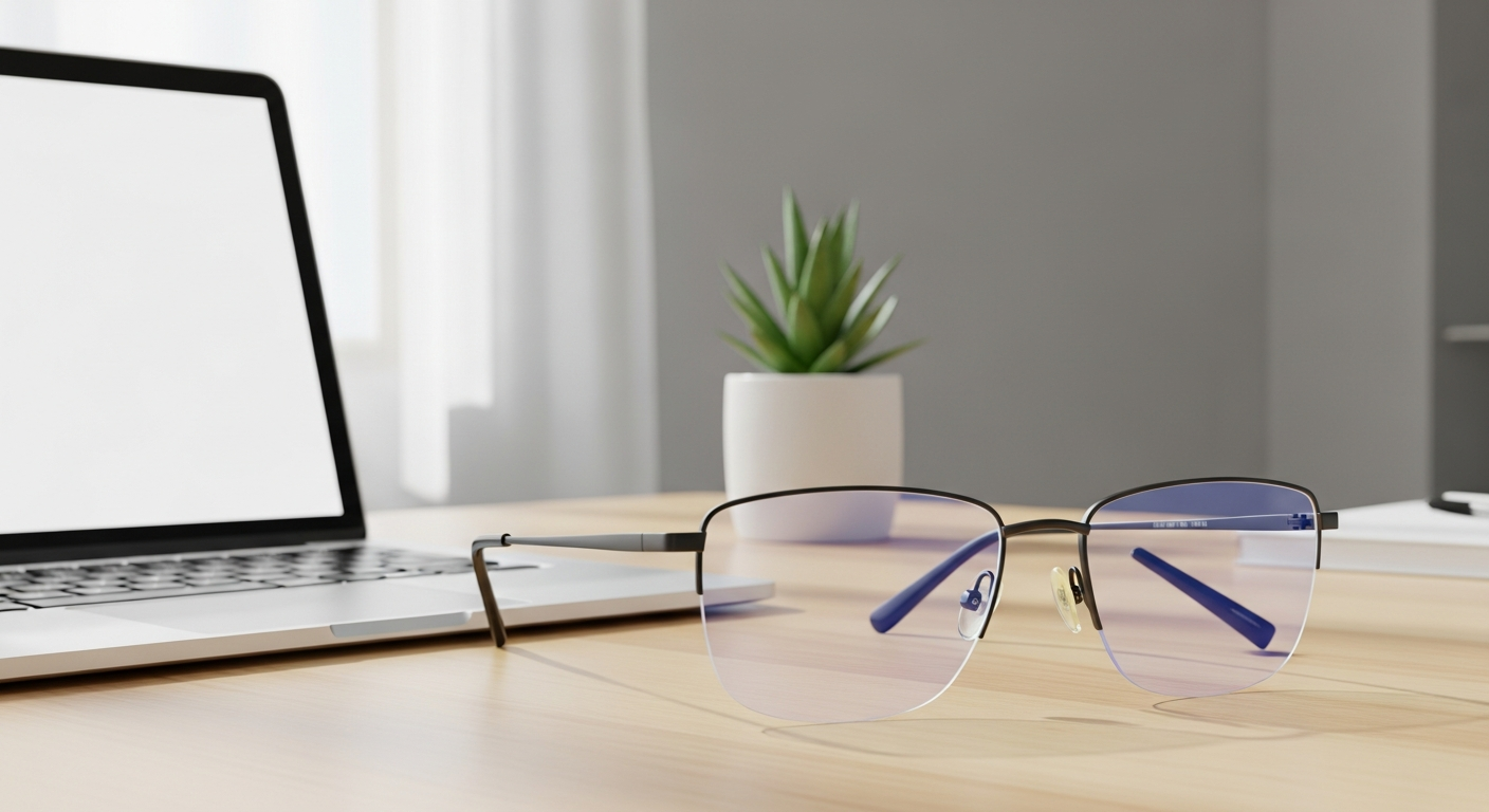 Sylus Metal Rectangle Rimless Bluelight Glasses in silver metal finish displayed on white background