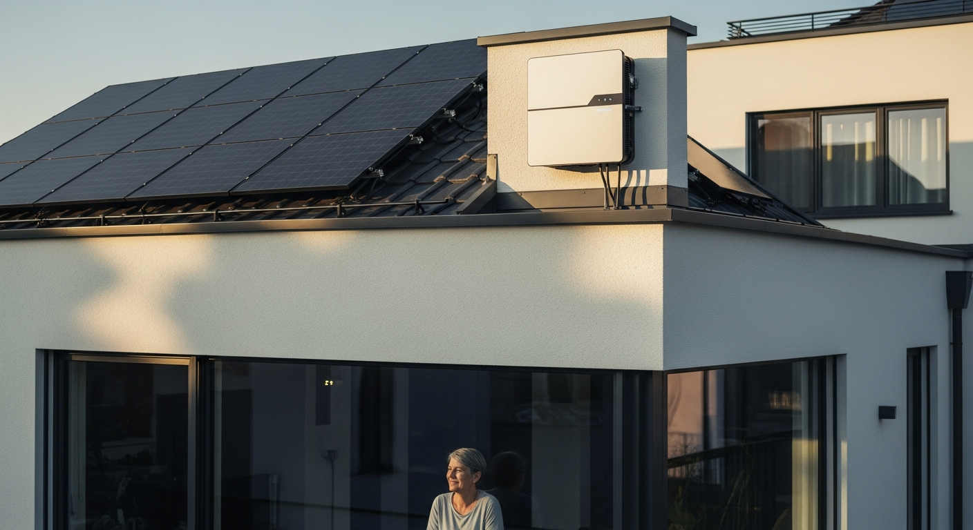 Modern home with solar panels, battery storage, heat pump system, and EV charging wallbox integrated together