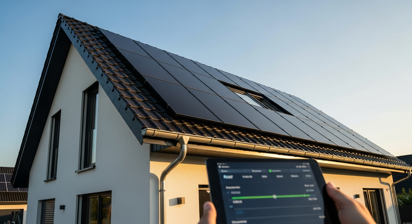 Modern home with integrated solar panels, battery storage system, and smart energy management technology on roof