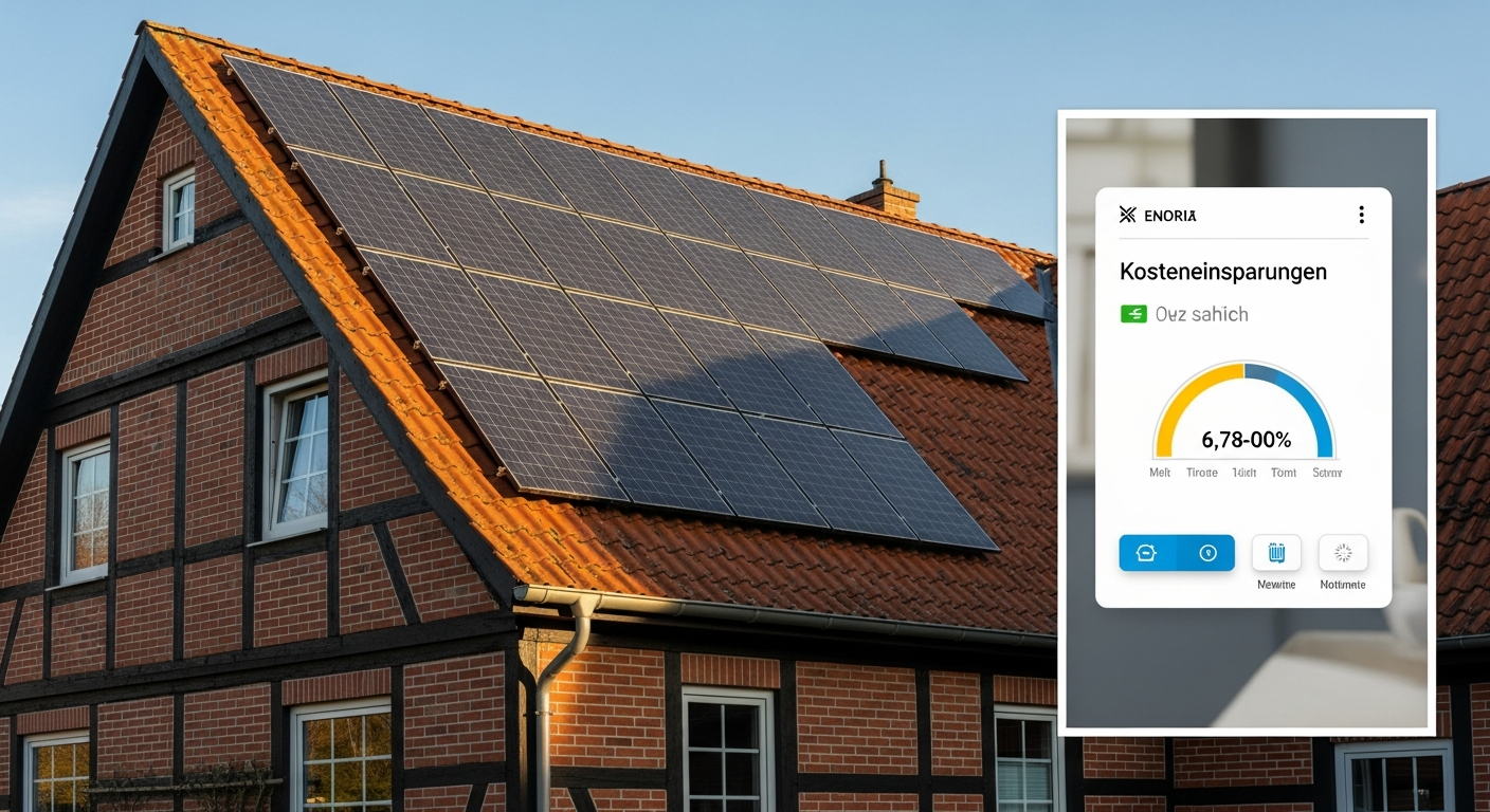 Modern heat pump system installed on older German home with solar panels and battery storage
