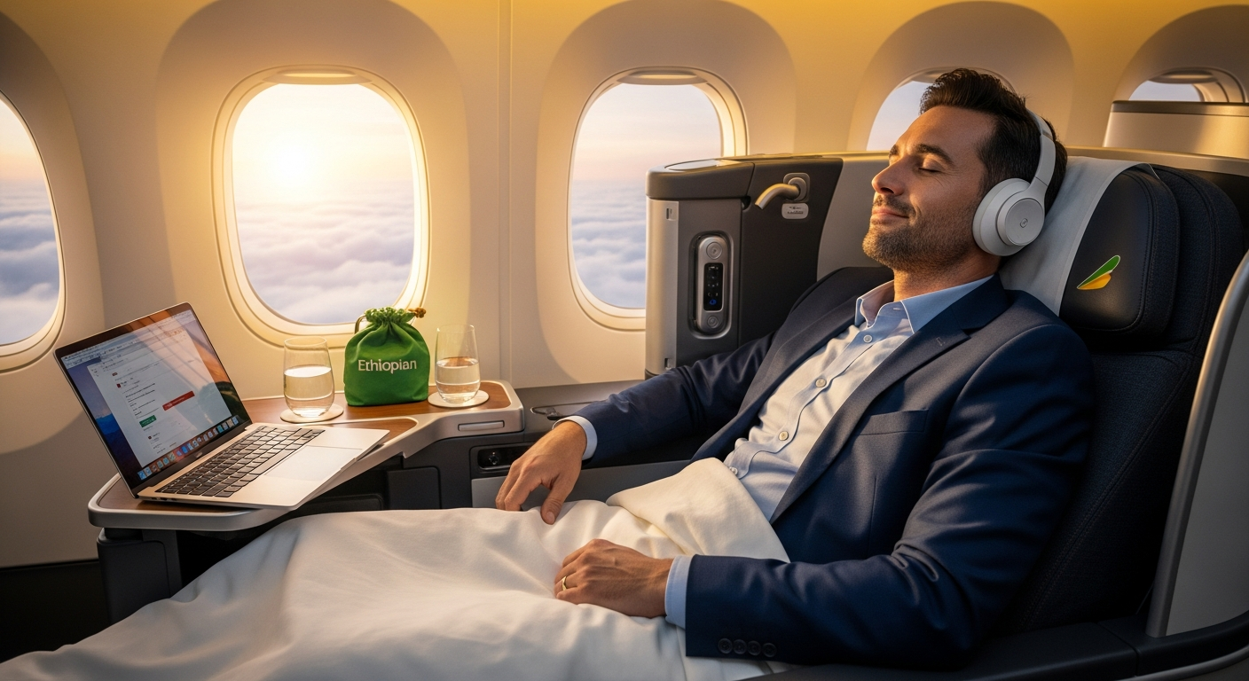 Ethiopian Airlines Cloud Nine Business Class lie-flat seat in modern Boeing 787 Dreamliner cabin