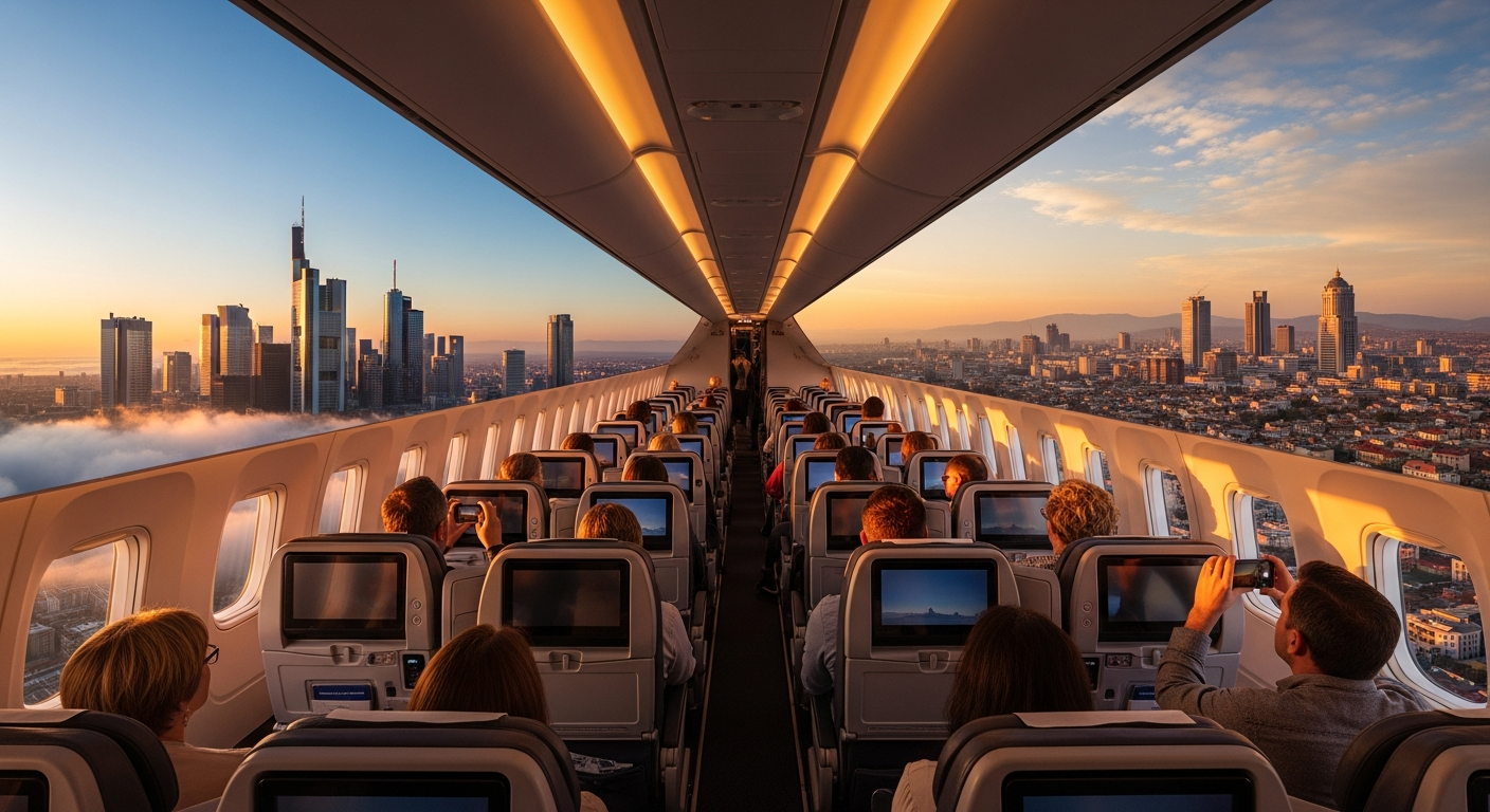 Modern aircraft flying over African landscape with Frankfurt and Addis Ababa city skylines