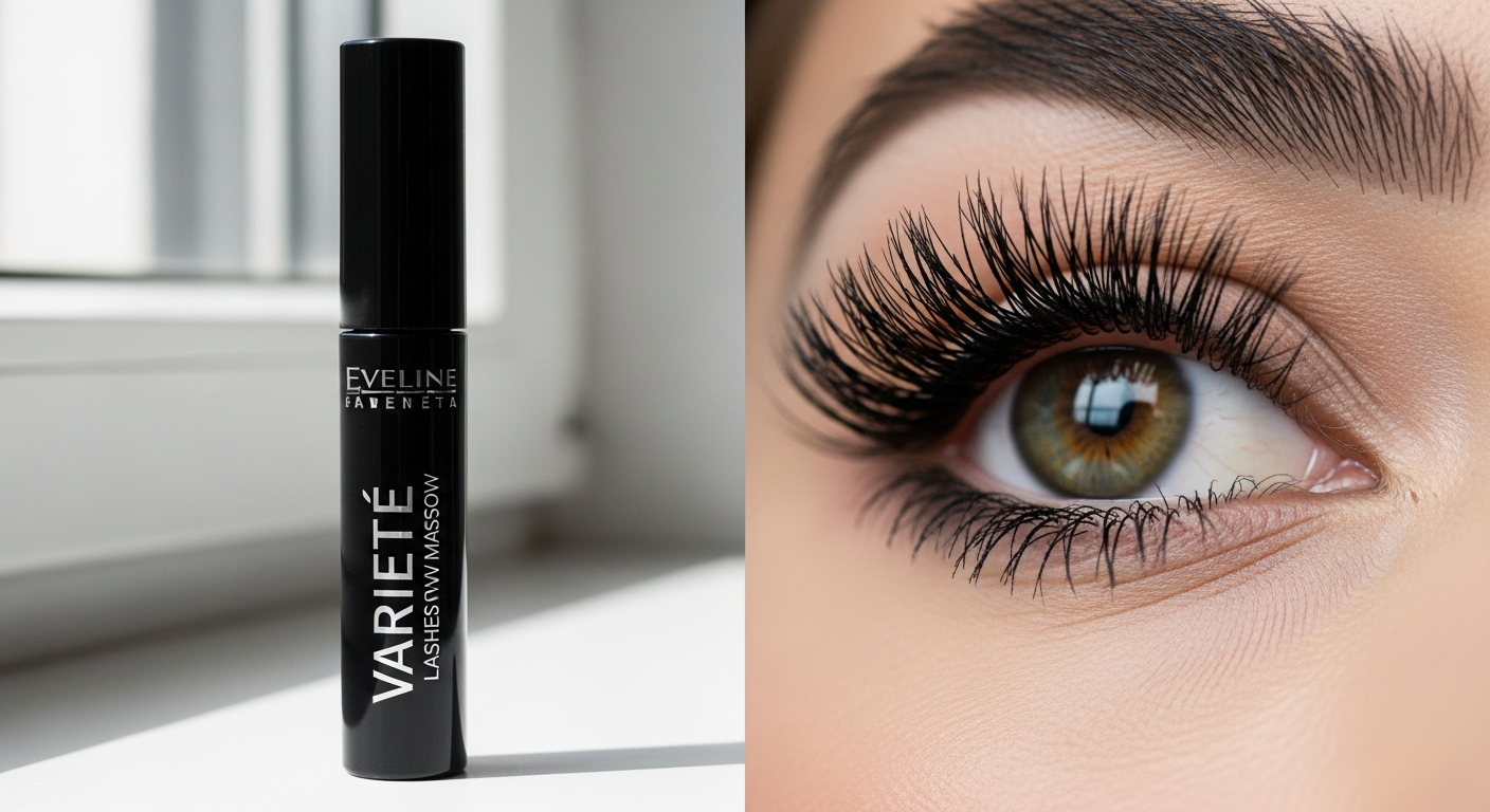 Eveline Variété Lashes Show Mascara tube with dramatic volumized lashes displayed against neutral background