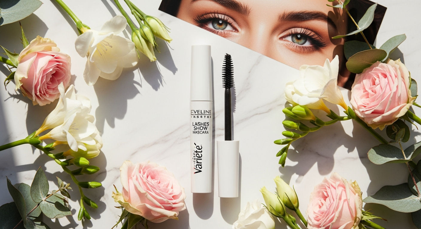 Eveline Variété Lashes Show Mascara tube with silicone brush displayed on white background
