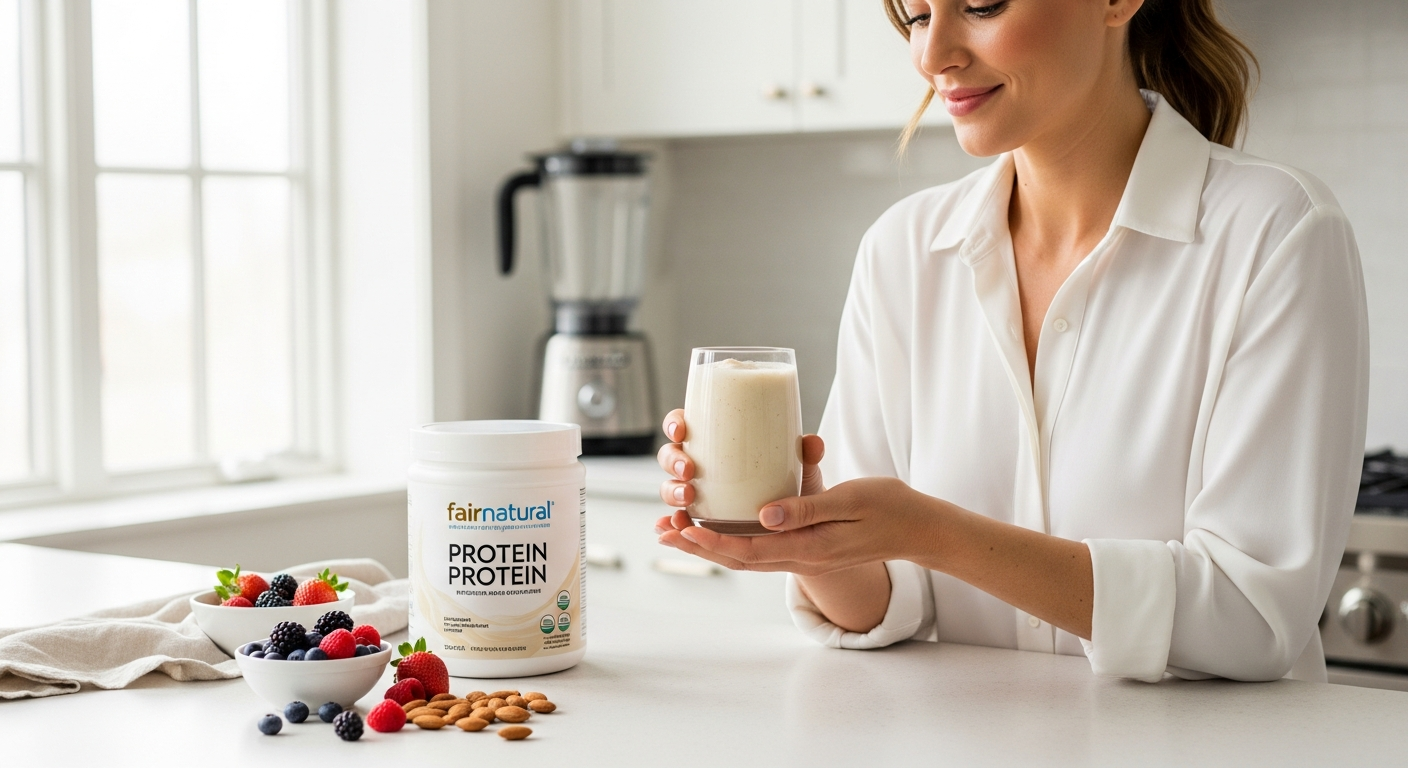 Fairnatural Organic Vegan Protein Powder container with pea, hemp, and rice ingredients displayed on white background