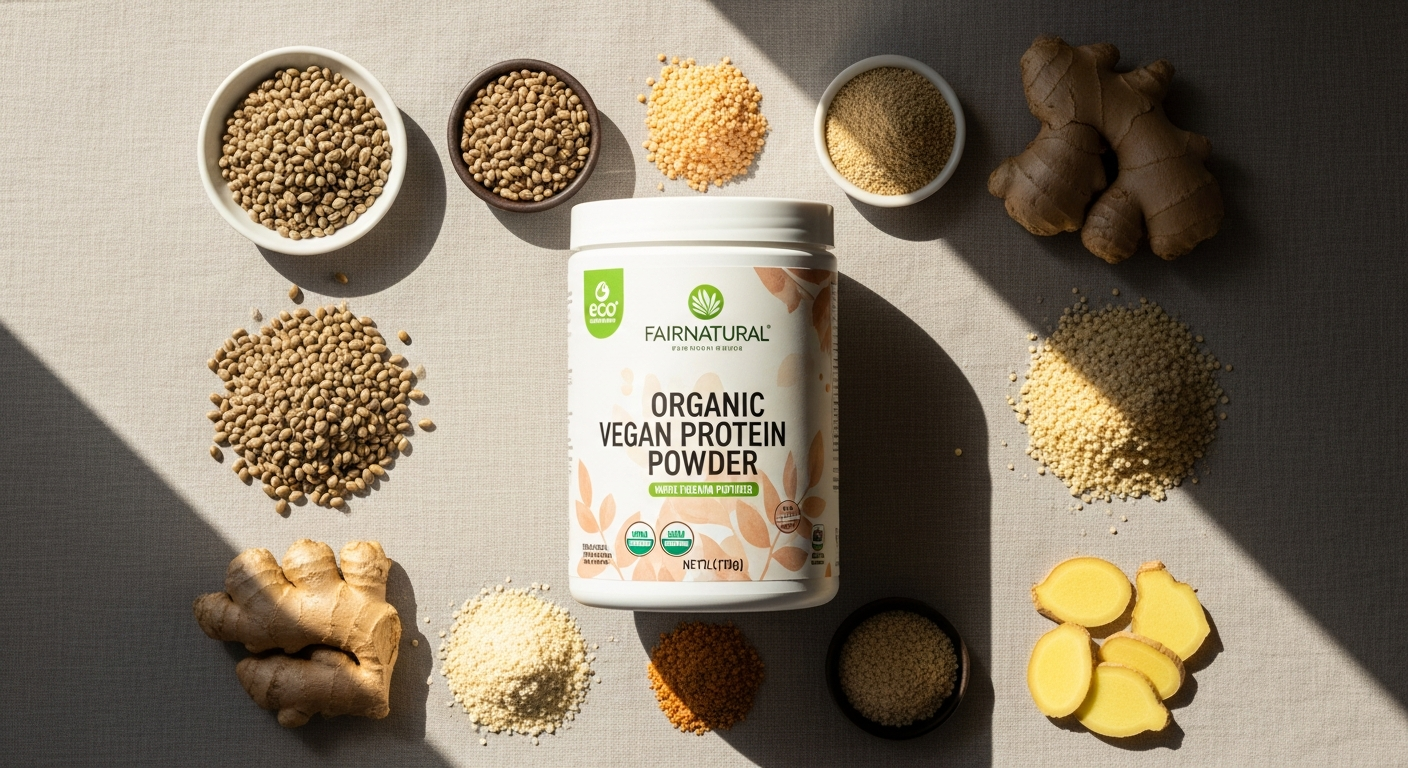 Fairnatural Organic Vegan Protein Powder container with plant-based ingredients displayed