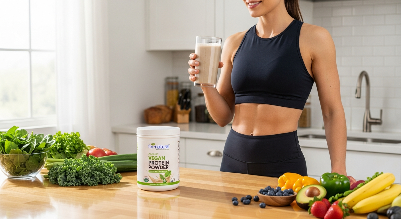 Fairnatural Organic Vegan Protein Powder container with natural ingredients displayed on wooden surface