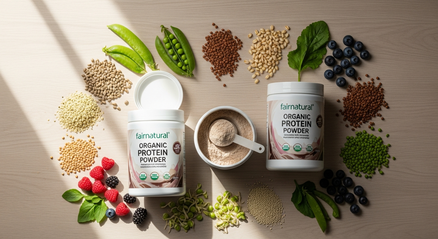 Fairnatural Organic Vegan Protein Powder container displayed with fresh plant ingredients and sustainability packaging