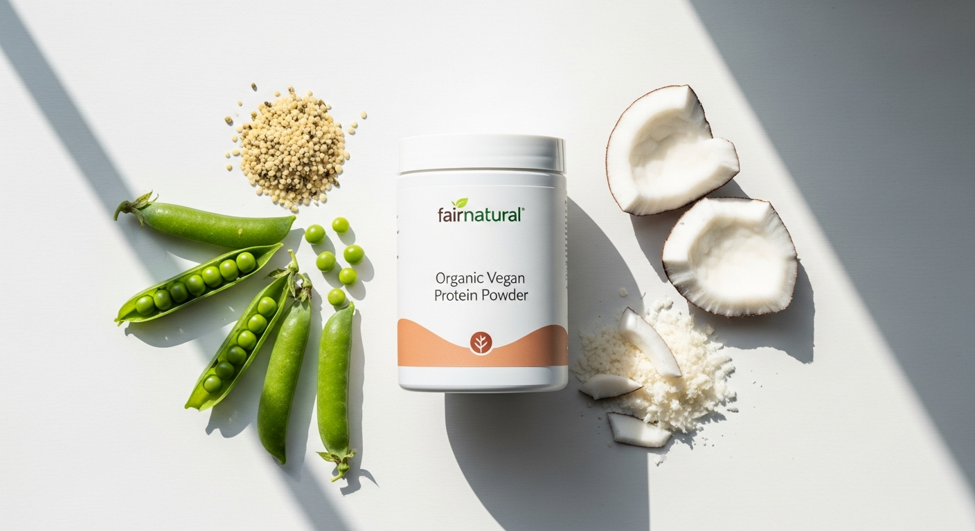 Fairnatural Organic Vegan Protein Powder container with natural ingredients displayed on clean white background