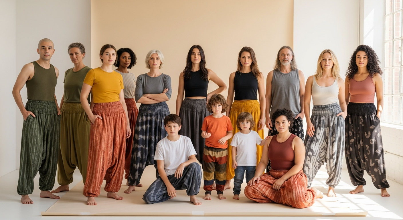 Fantazia FR harem pants in Nepalese cotton showcasing inclusive sizing for diverse body types