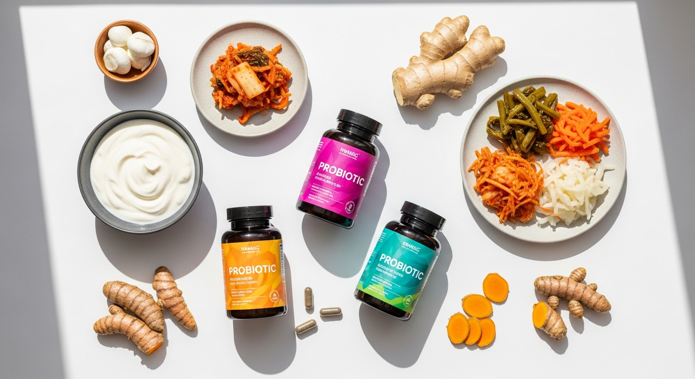 Colorful probiotic supplement capsules and natural fermented foods representing gut health and digestive wellness