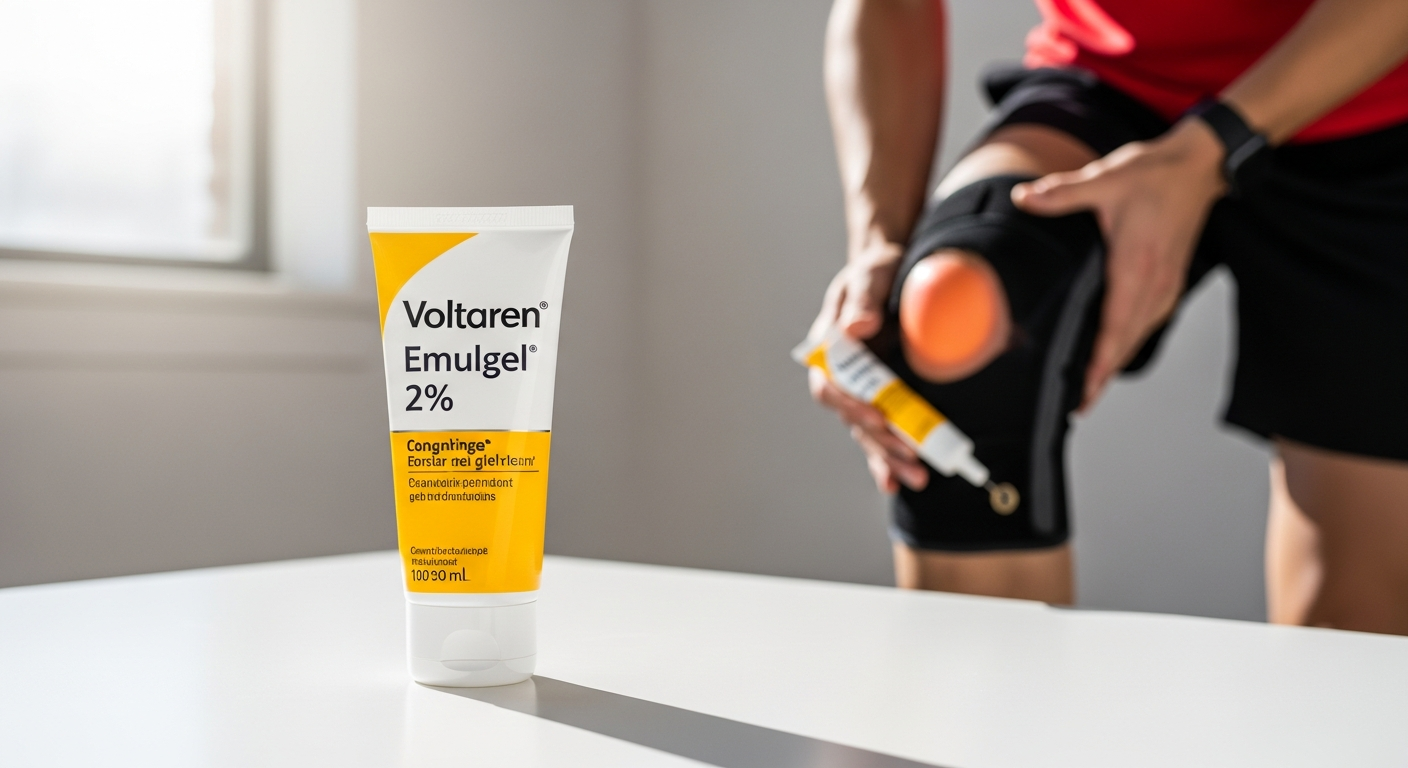 Voltaren Emulgel 2% diclofenac anti-inflammatory gel tube and packaging for athlete joint muscle recovery