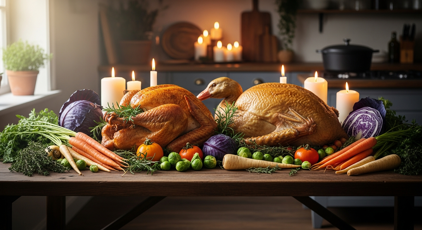 Organic free-range Christmas turkey and goose displayed on a rustic farmhouse table with festive decorations