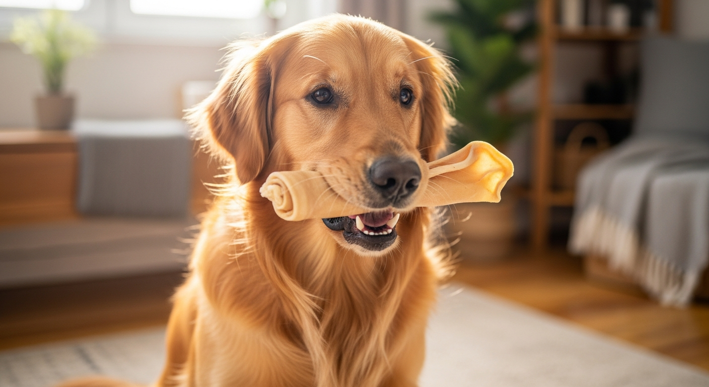 Premium natural pig ear dog chews displayed with fresh ingredients and European sourcing certification