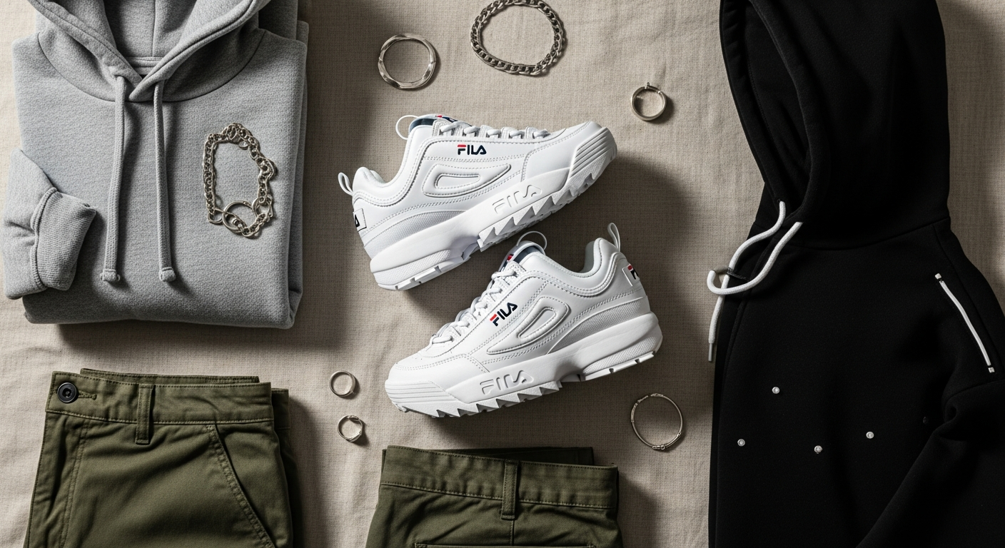 Fila Disruptor II chunky trainers styled with casual streetwear outfit on pavement