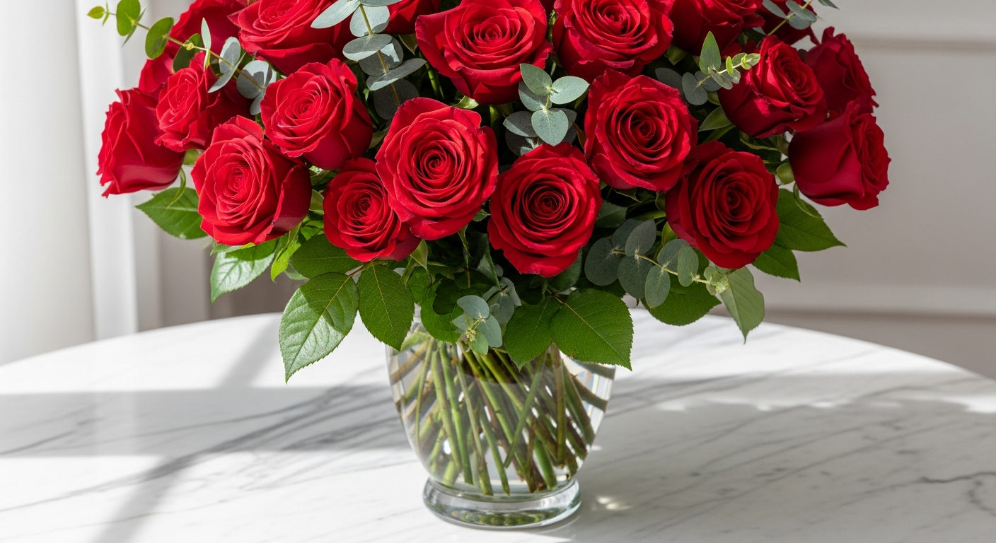 Vibrant red roses bouquet arrangement with lush green foliage in elegant vase display