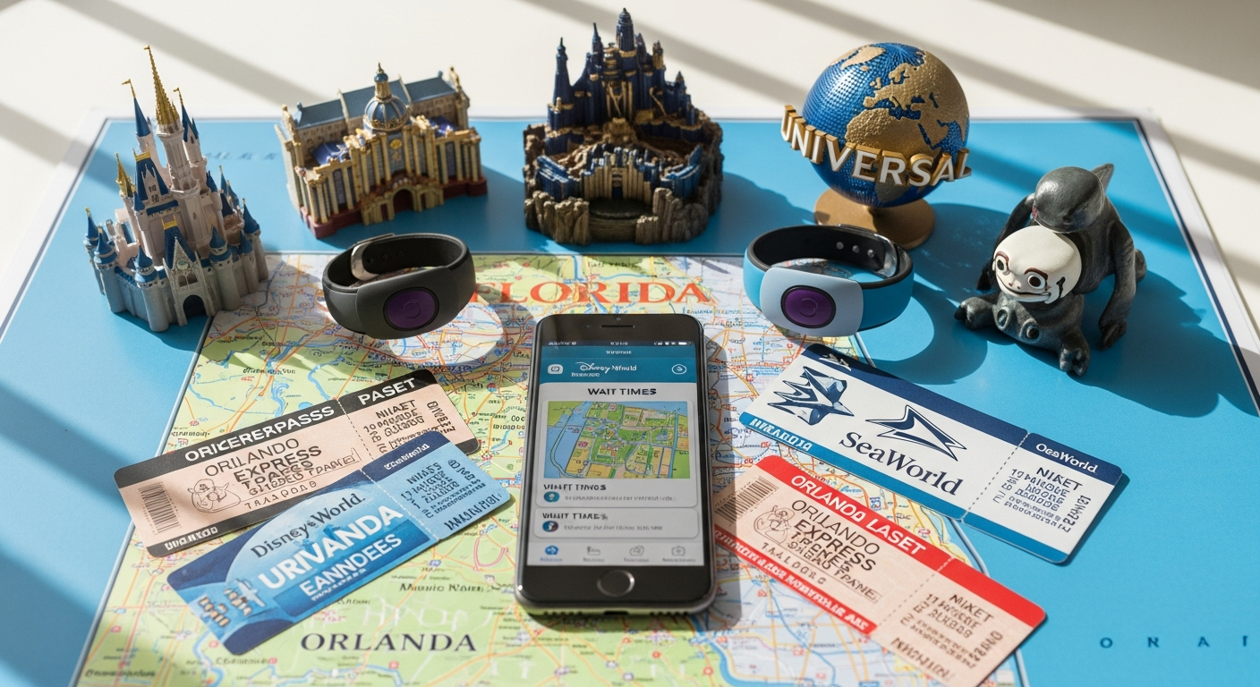 Orlando FlexiTicket Multi-Park Pass bundle showing Universal, SeaWorld, and Kennedy Space Center logos together