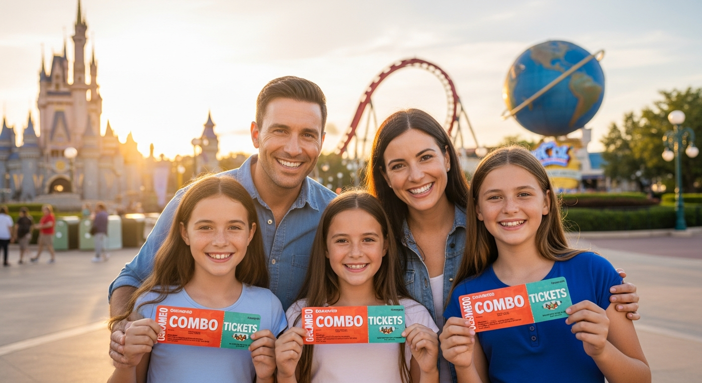 Ultimate Florida Combo Adventure Ticket digital gates and theme park attractions including Disney, Universal, SeaWorld, and water parks