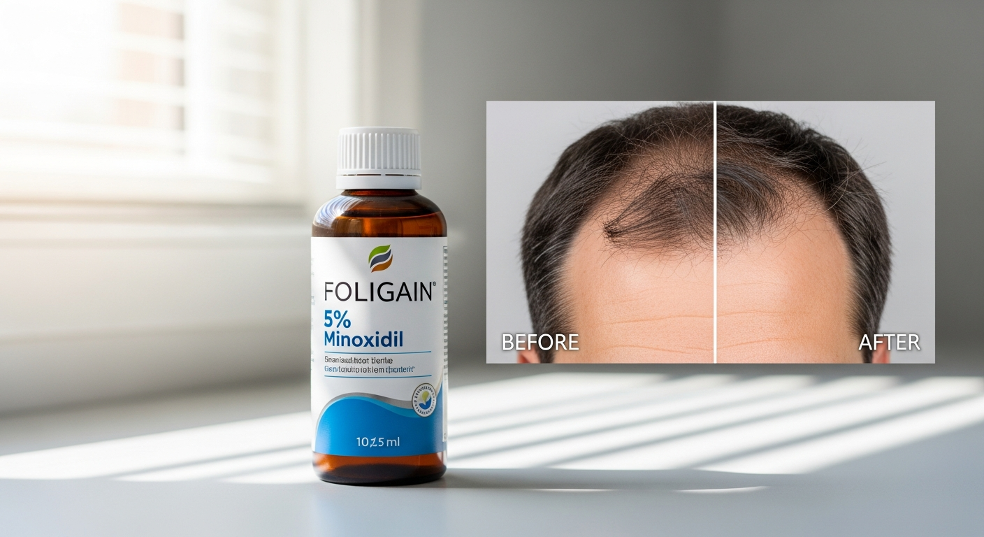 Man examining crown hair loss in mirror with FOLIGAIN minoxidil treatment bottle displayed