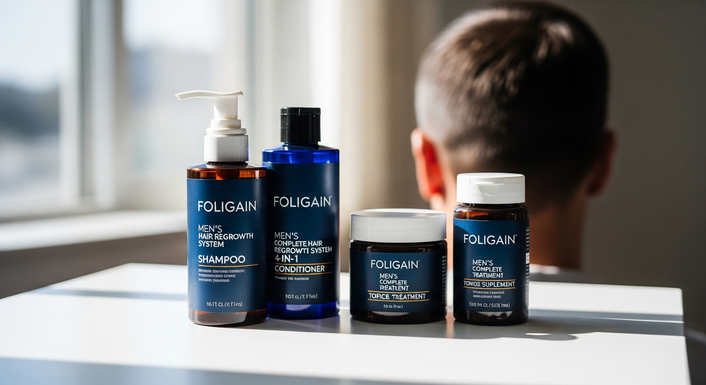 FOLIGAIN Men's Complete Hair Regrowth System 4-in-1 kit with minoxidil topical treatment and supplement bottles