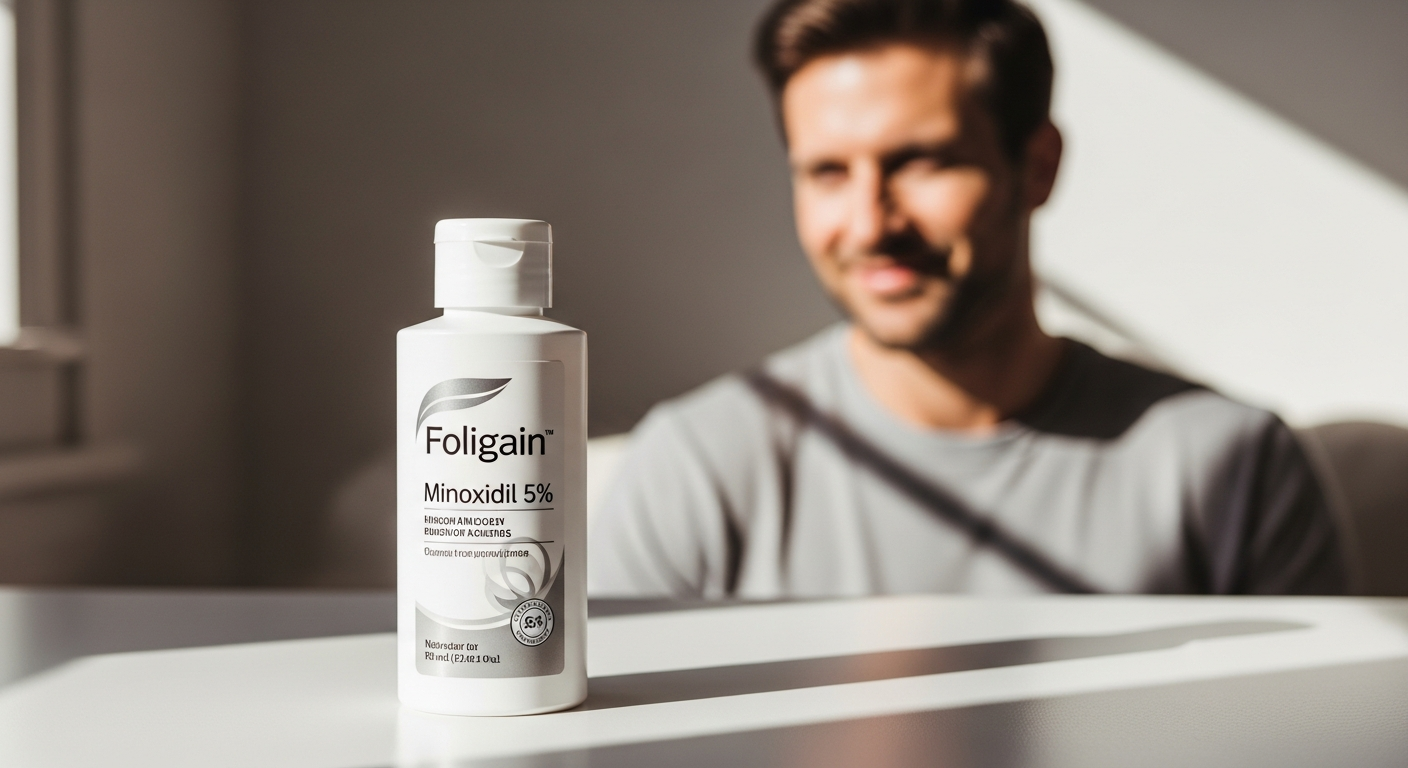 Man applying Foligain Minoxidil 5% hair regrowth treatment to scalp
