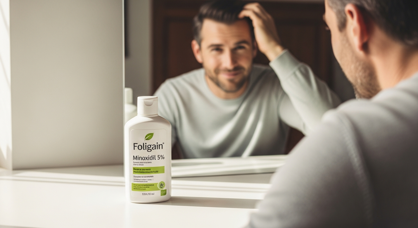 Foligain Minoxidil 5% Hair Regrowth Treatment bottle displayed with hair regrowth results visualization
