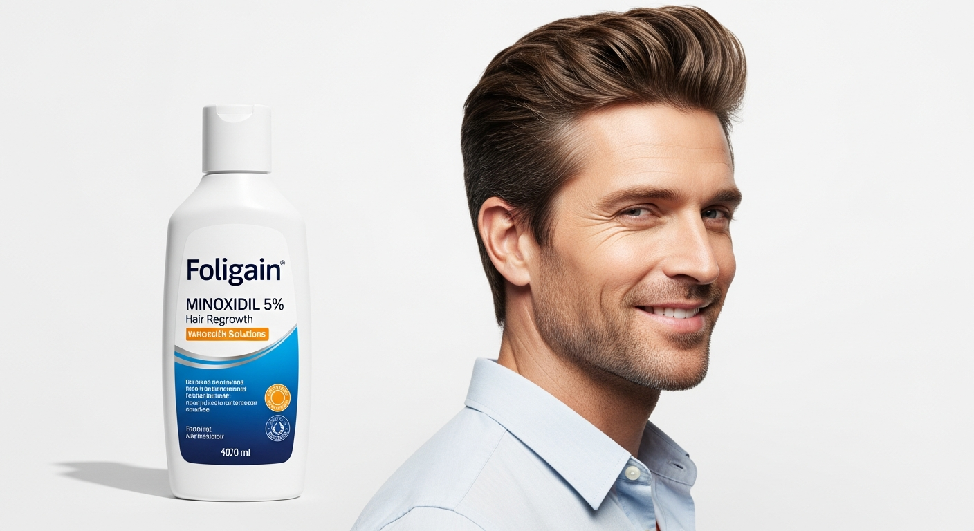 Man examining crown thinning hair loss in mirror with Foligain minoxidil bottle visible