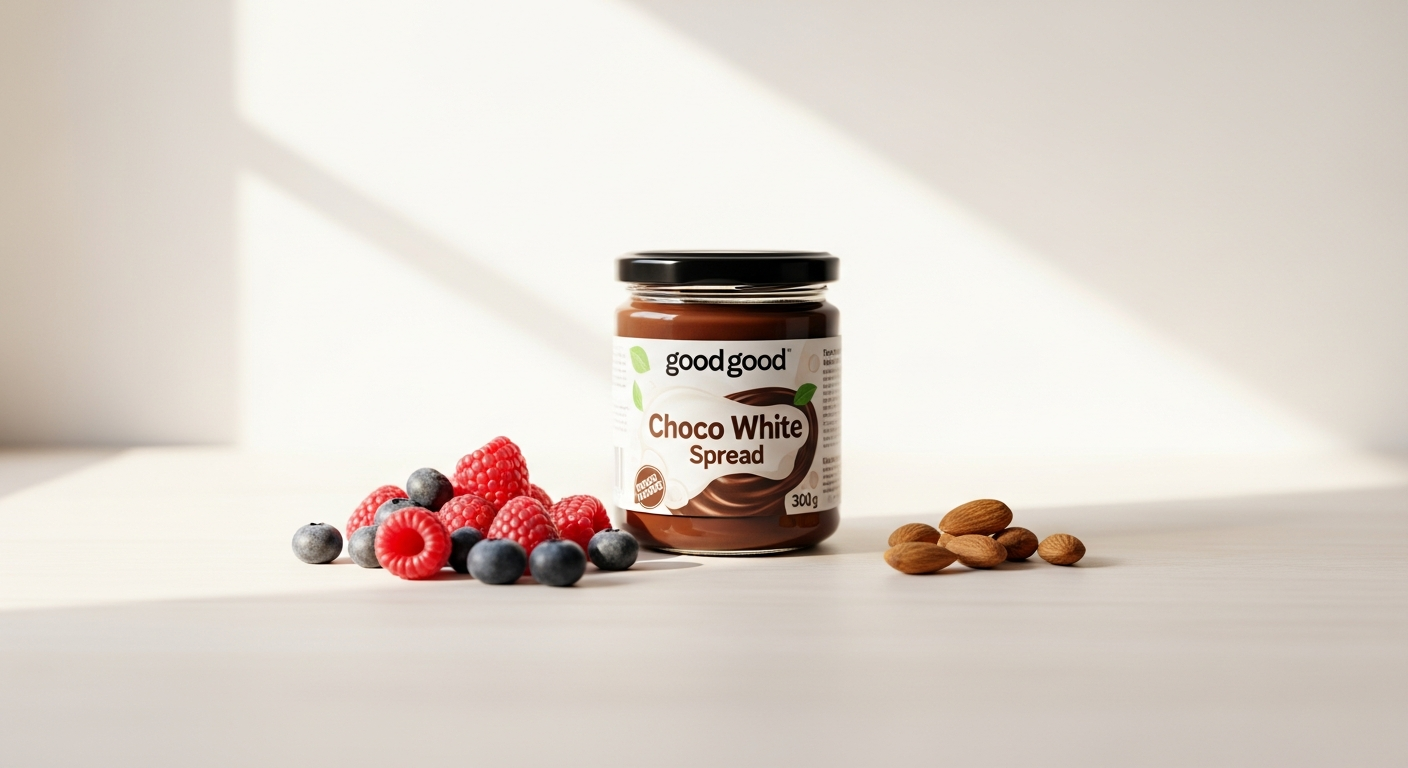 Good Good Choco White Spread 350g jar displayed with fresh berries and whole grain toast