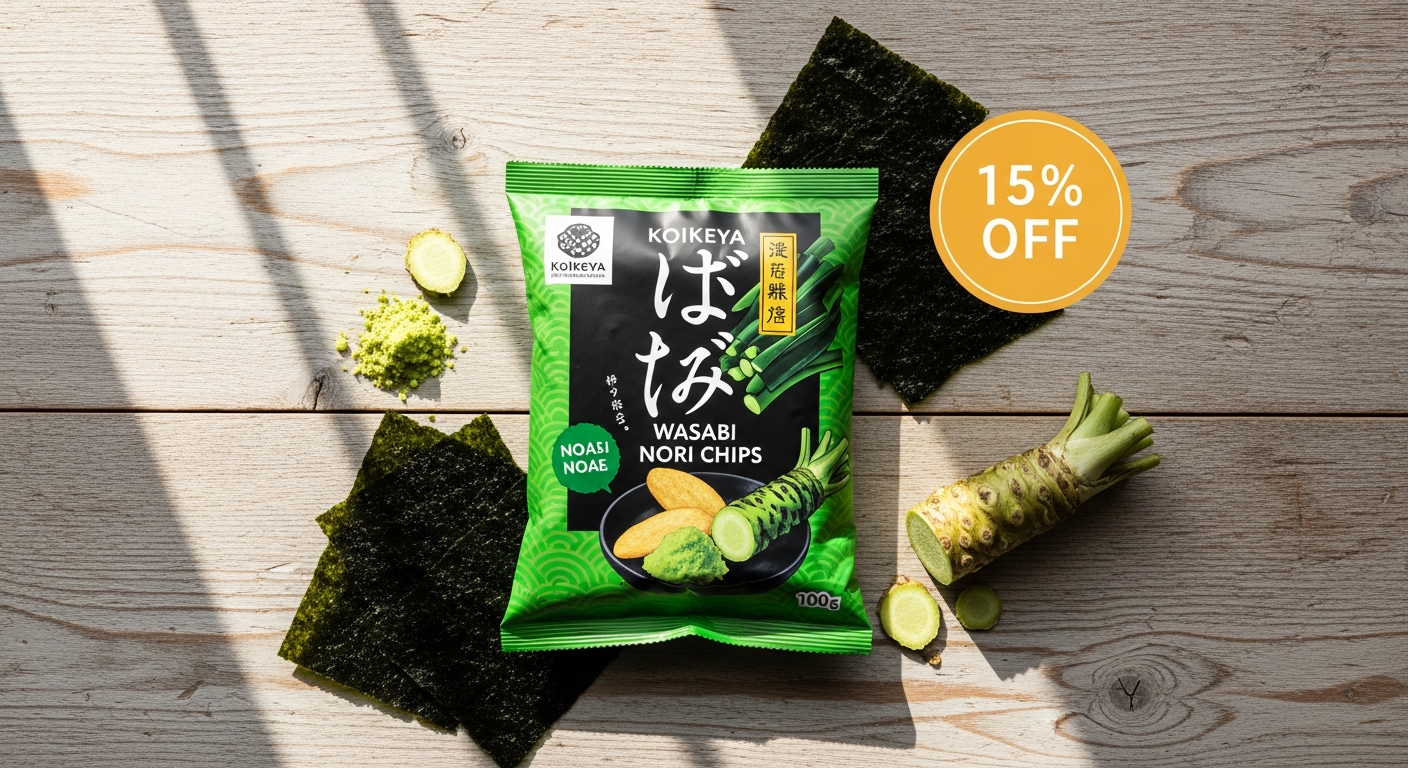 Koikeya Wasabi Nori Chips 100g bag with bold Japanese packaging and seaweed flavor branding displayed