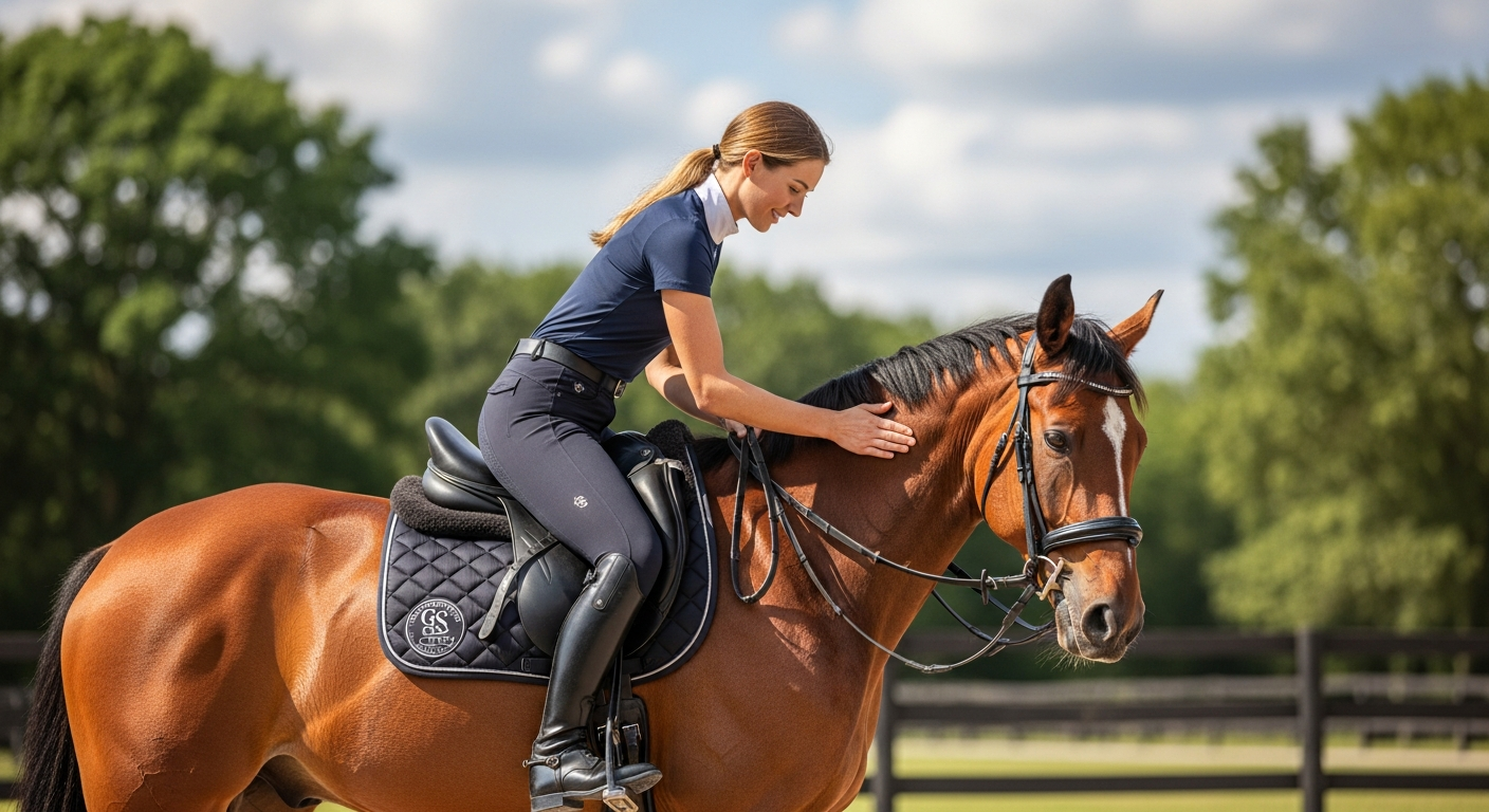 GS Equestrian Becca Full Seat Riding Tights in black displayed on a model rider in professional equestrian setting