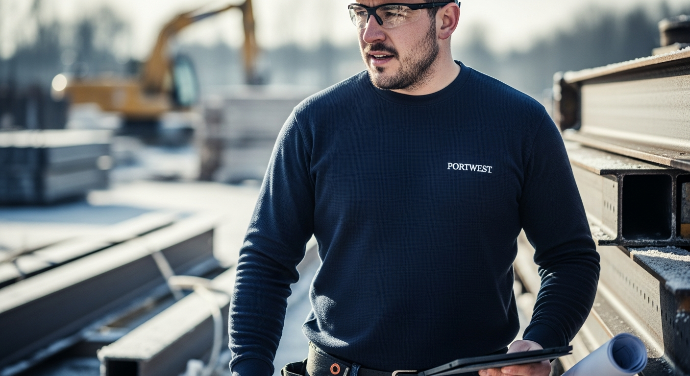 Portwest thermal long sleeve work t-shirt displayed on a worker in cold weather conditions