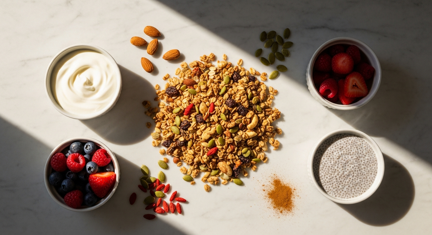 GURU Granola Ayurvedic Superfood Topping in elegant bowl with organic ingredients and colorful Wisdom varieties displayed