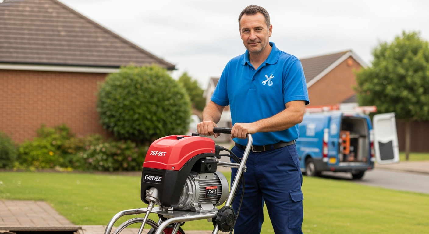 Professional plumber operating the Garvee 75Ft Electric Drain Cleaner Machine on a residential drain cleaning job site