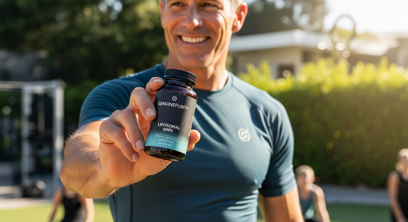 GenuinePurity Liposomal NMN supplement bottle with capsules displayed on white background