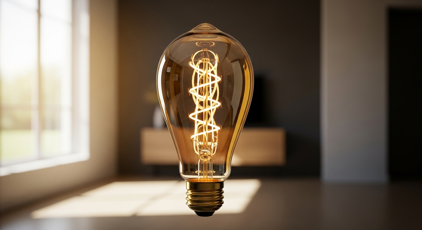 Vintage-style E27 LED filament lamp glowing with warm light in elegant fixture