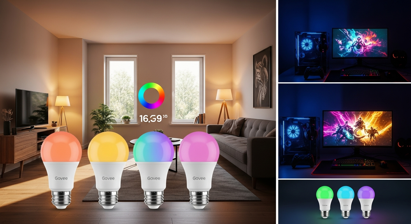 Govee Smart Light Bulbs 4-Pack: Music Sync Gaming Lighting with 16M Colors & Voice Control