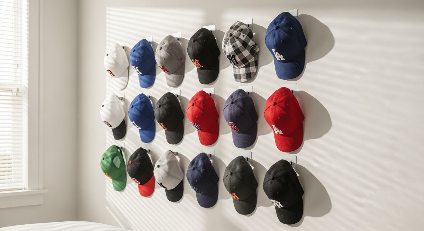 Adhesive baseball cap wall hooks organizer displaying multiple colored caps on a white dorm room wall without drilling