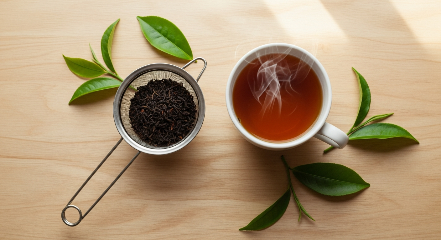 Stainless steel mesh tea strainer basket with loose leaf tea leaves inside