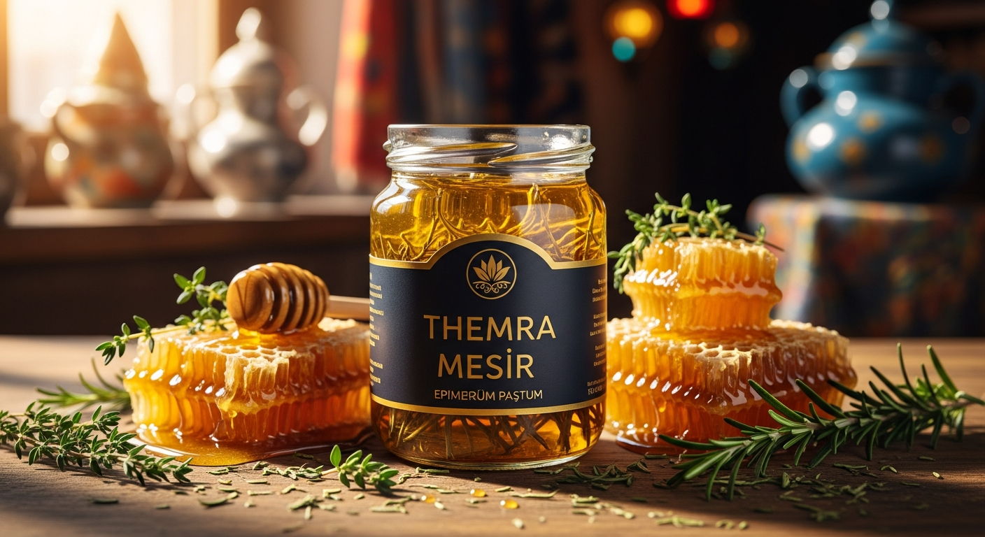 Themra Mesir Paste with Epimedium Honey jar displayed with traditional Turkish wellness ingredients and honey drizzle