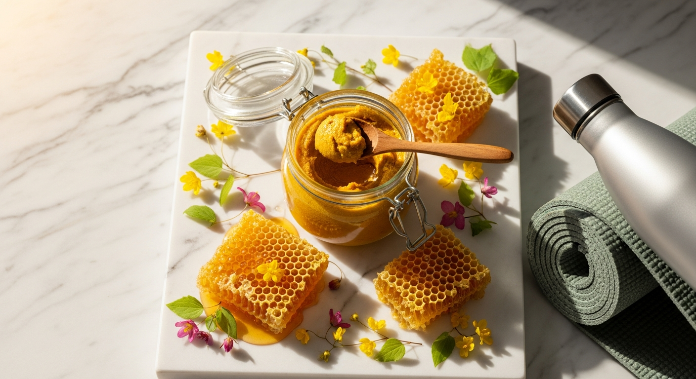 Turkish Mesir Paste with Epimedium Honey supplement container and traditional herbal ingredients displayed together
