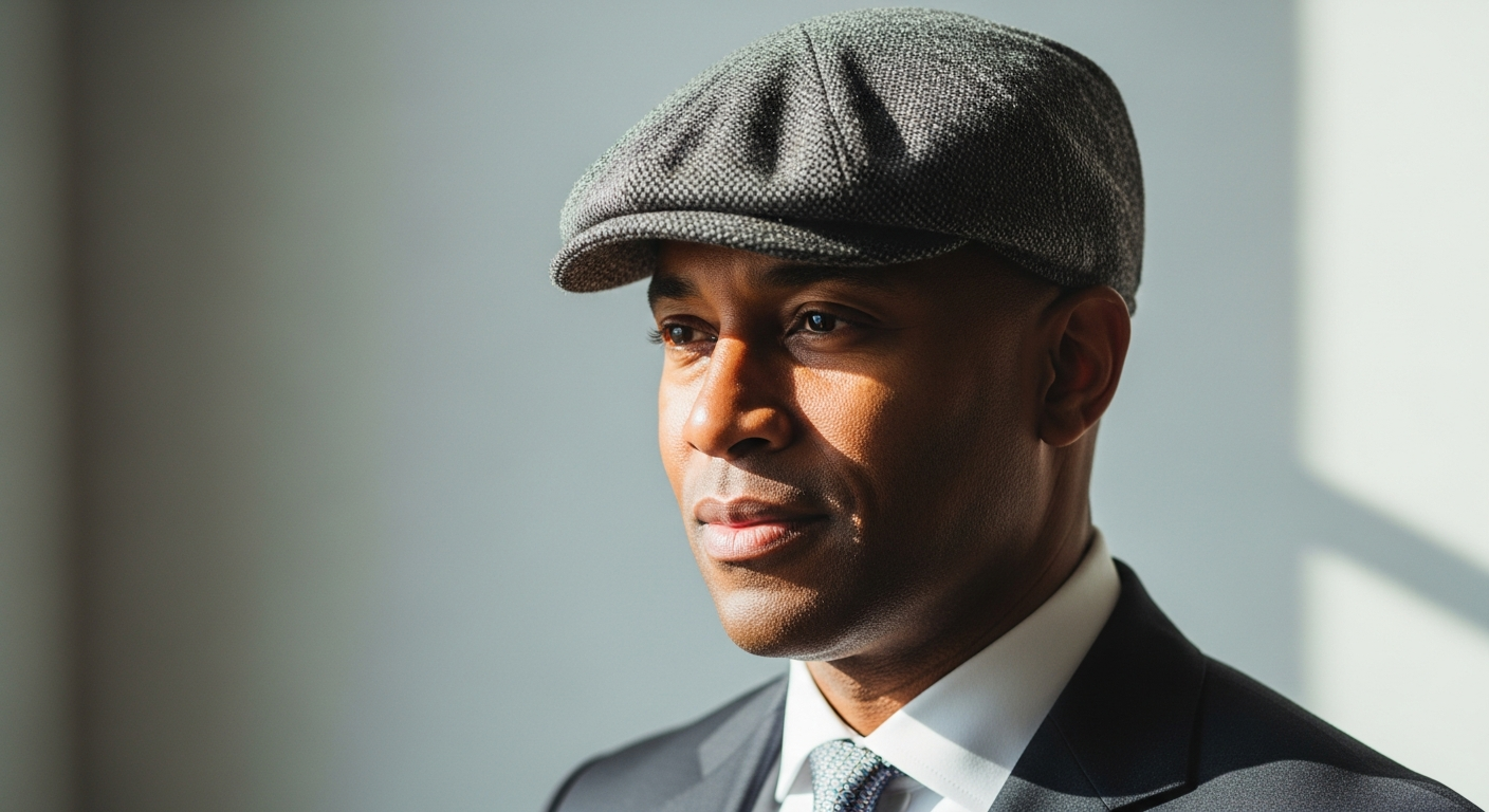 Stetson Hatteras Wool Flat Cap in charcoal grey displayed on a wooden stand showing eight-panel construction