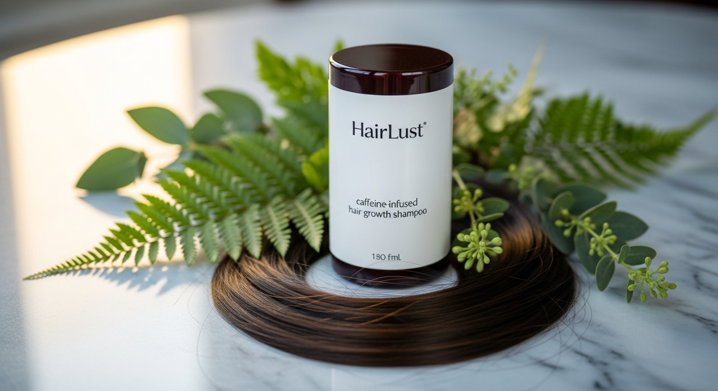 HairLust Grow Perfect Hair Growth Shampoo bottle with caffeine and plant-based ingredients displayed