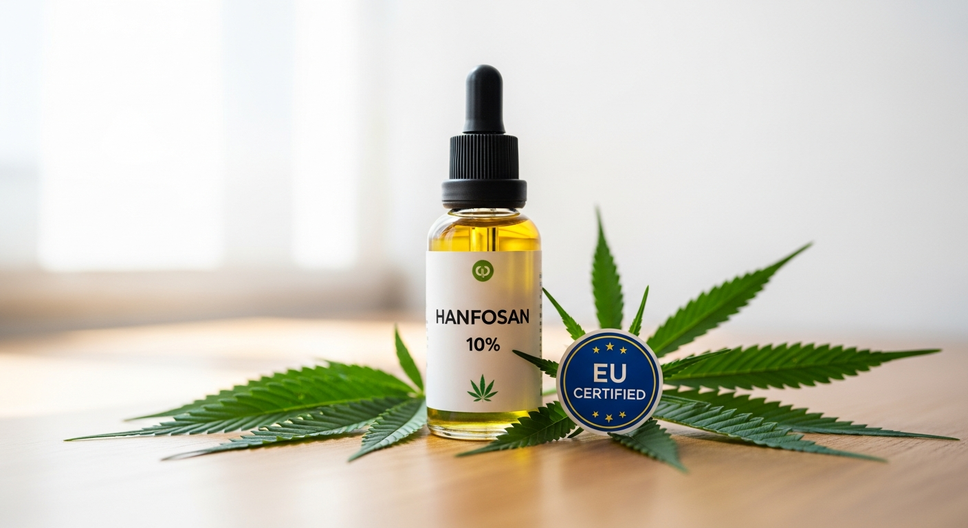 Hanfosan CBD Premium Oil 10% bottle with hemp leaves and laboratory testing certification badges displayed