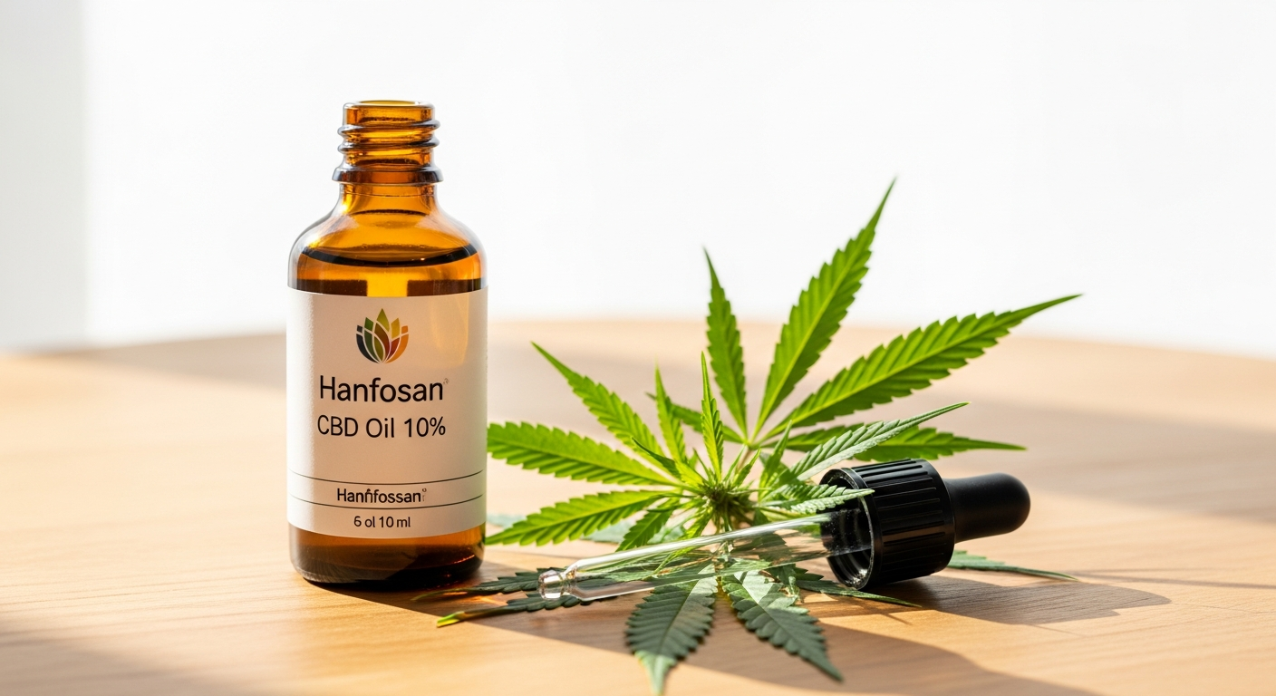 Hanfosan CBD Premium Oil 10% bottle with hemp leaves and laboratory testing certification displayed